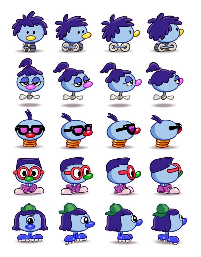 Zoombini designs from the 20th anniversary remake from 2016, featuring slightly different versions of five hair/eyes/nose/feet types. (credit: TERC)