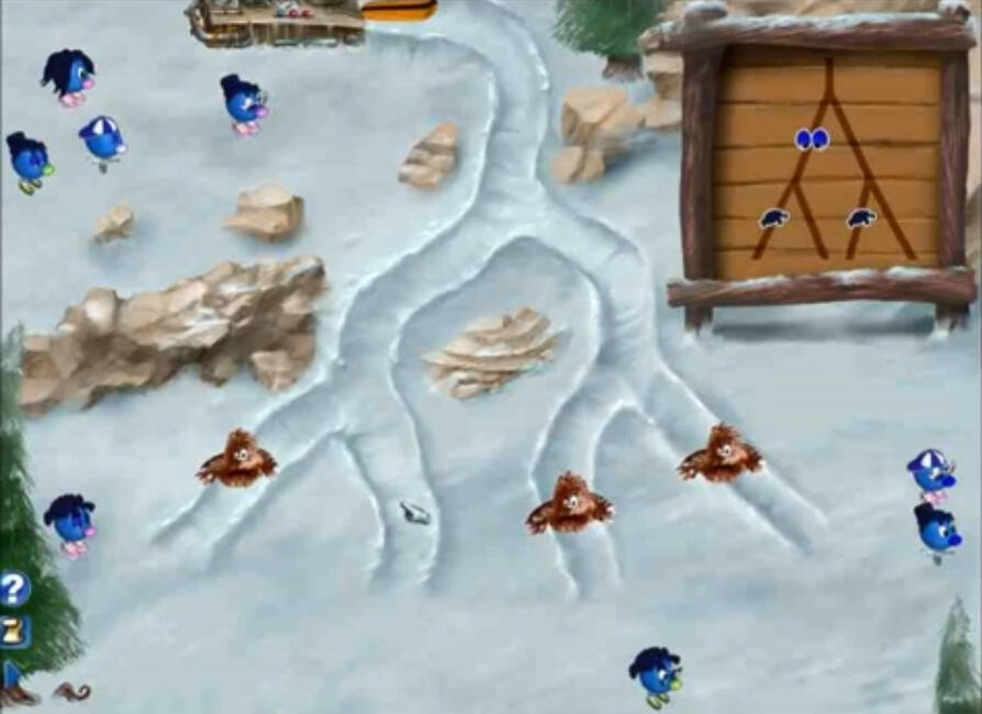 Group of Norfs blocking several paths during the Snowboard Gulch minigame from Zoombinis: Mountain Rescue (2001). (credit: Nerdplay)