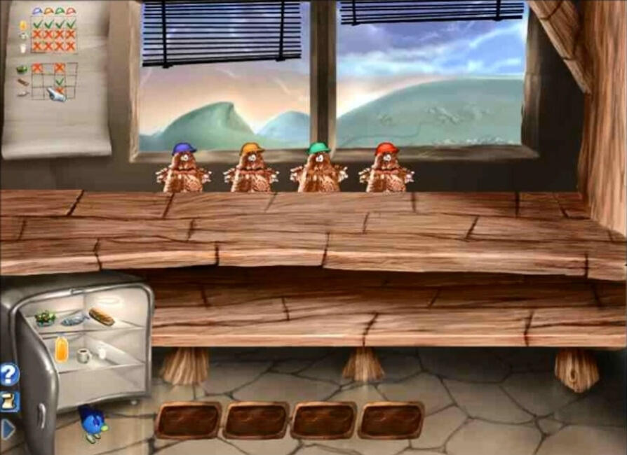 Group of Norfs waiting for lunch during the Chez Norf minigame from Zoombinis: Mountain Rescue (2001). (credit: Nerdplay)